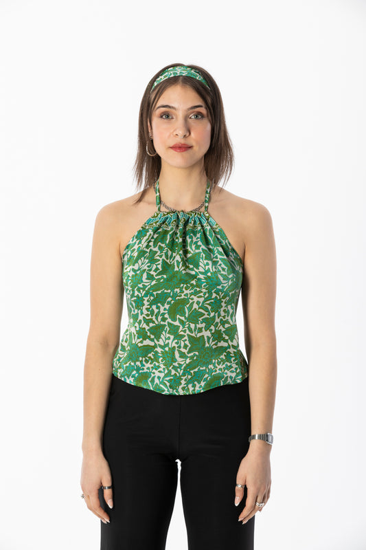 ALIR TIRTA SILK HALTER TOP & HEADBAND SET - FLORAL GREEN