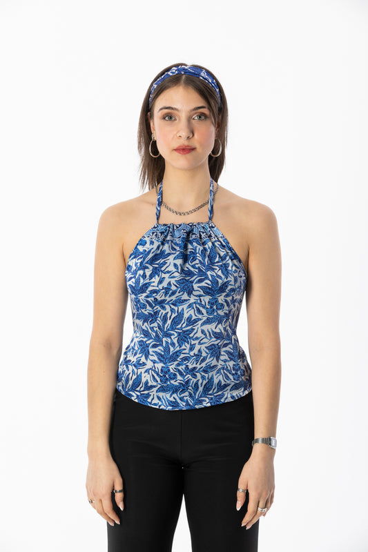 ALIR TIRTA SILK HALTER TOP & HEADBAND SET - FLORAL BLUE