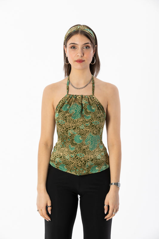 ALIR TIRTA SILK HALTER TOP & HEADBAND SET - FOREST GREEN BUTTERFLY