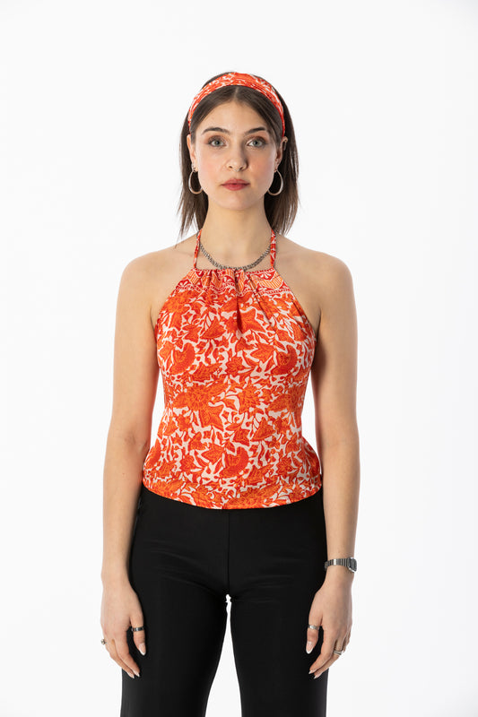 ALIR TIRTA SILK HALTER TOP & HEADBAND SET - FLORAL ORANGE