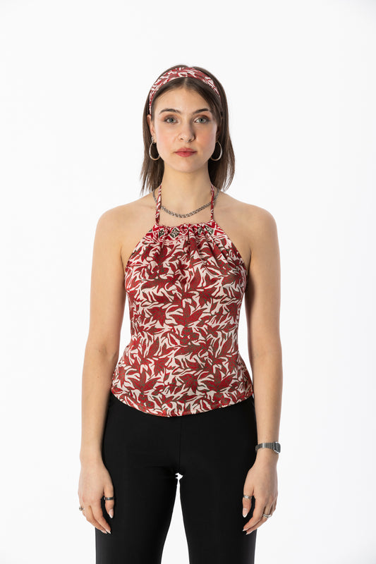 ALIR TIRTA SILK HALTER TOP & HEADBAND SET - FLORAL RED