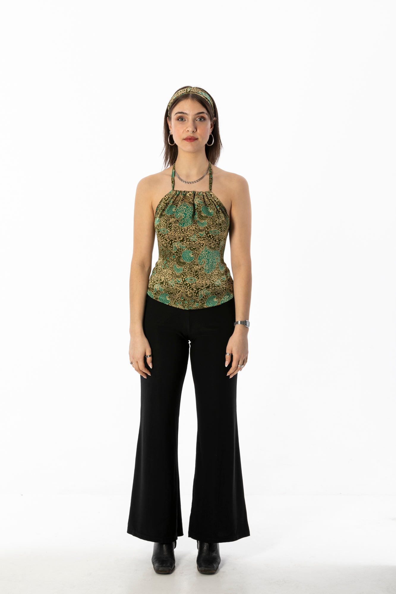 ALIR TIRTA SILK HALTER TOP & HEADBAND SET - FOREST GREEN BUTTERFLY