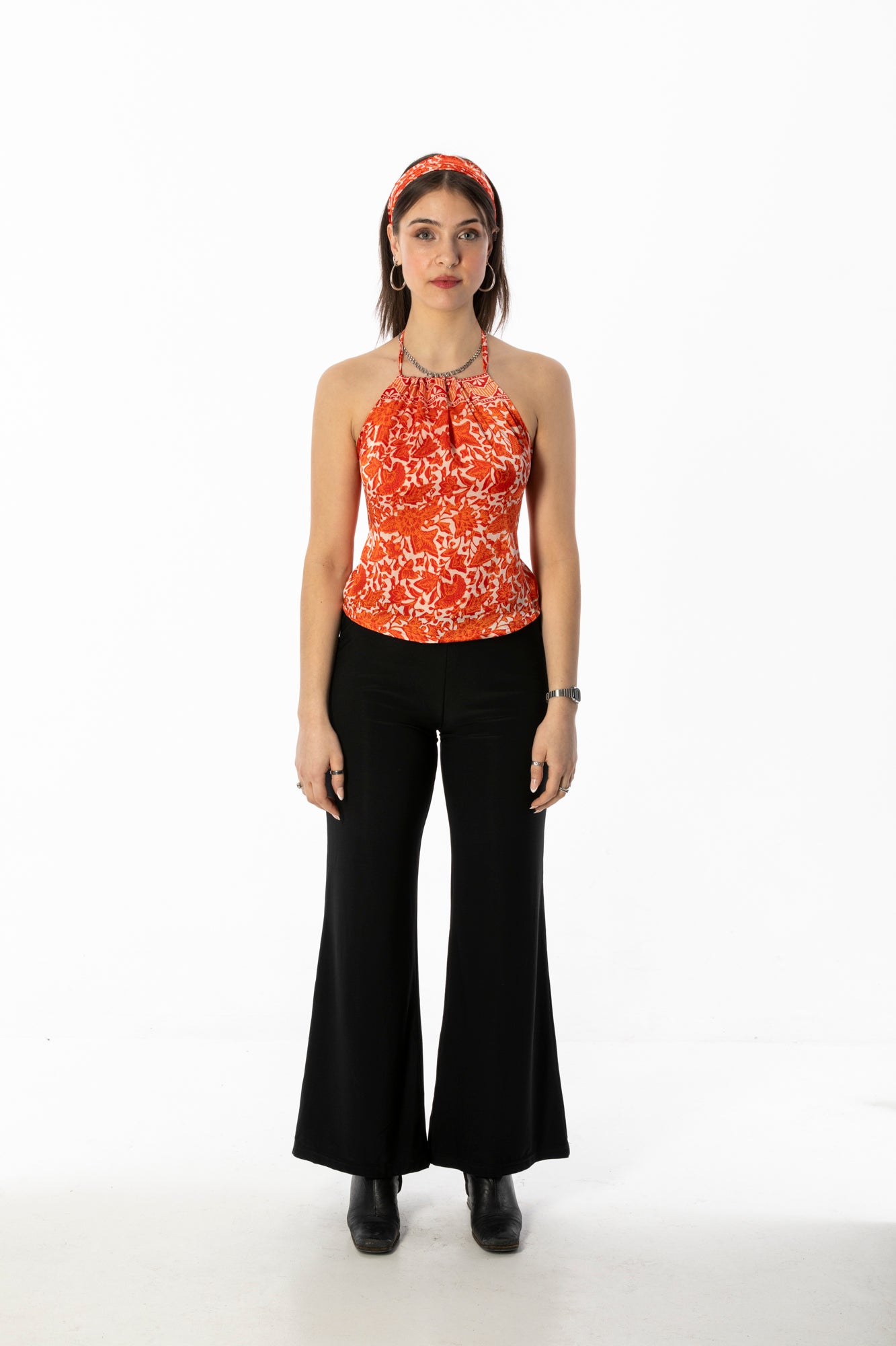 ALIR TIRTA SILK HALTER TOP & HEADBAND SET - FLORAL ORANGE