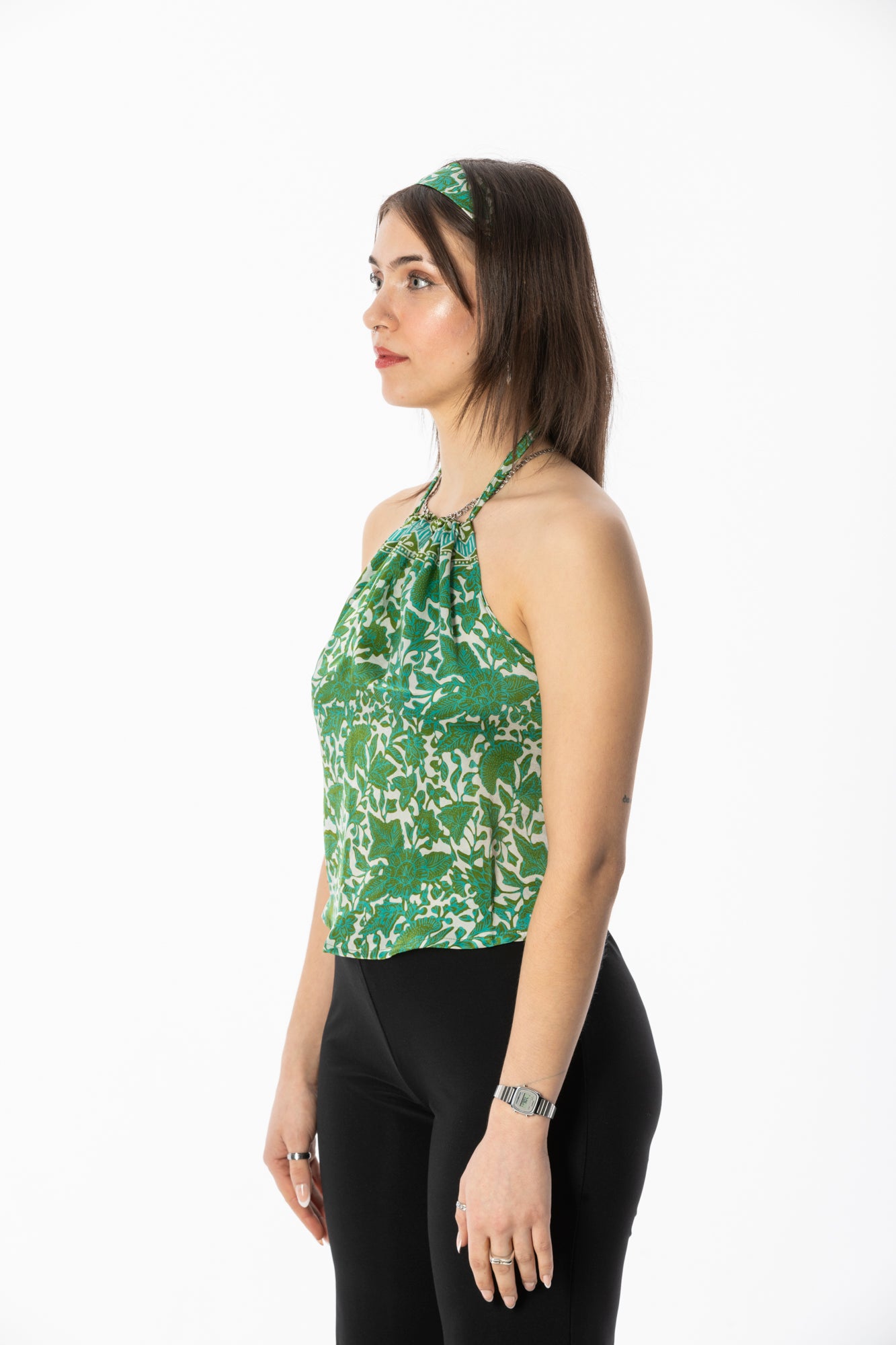 ALIR TIRTA SILK HALTER TOP & HEADBAND SET - FLORAL GREEN