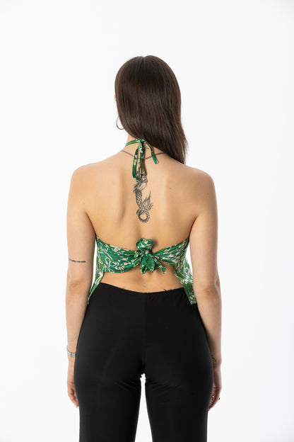 ALIR TIRTA SILK HALTER TOP & HEADBAND SET - FLORAL GREEN