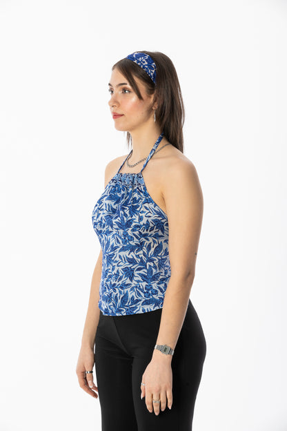 ALIR TIRTA SILK HALTER TOP & HEADBAND SET - FLORAL BLUE