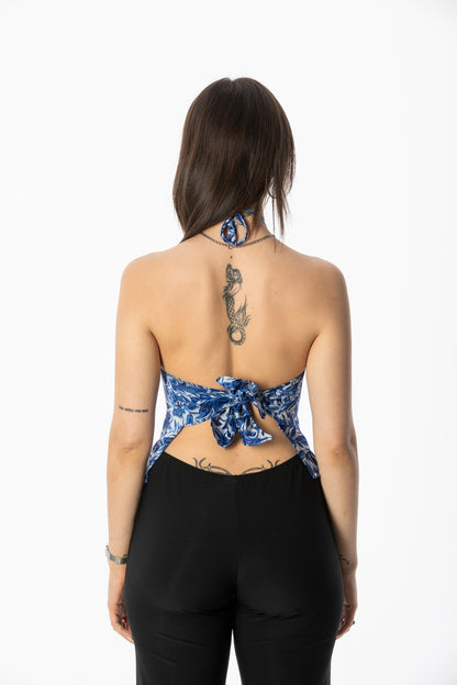 ALIR TIRTA SILK HALTER TOP & HEADBAND SET - FLORAL BLUE