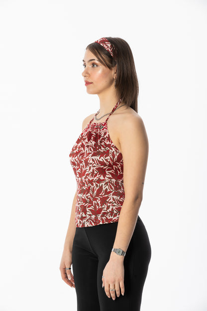 ALIR TIRTA SILK HALTER TOP & HEADBAND SET - FLORAL RED