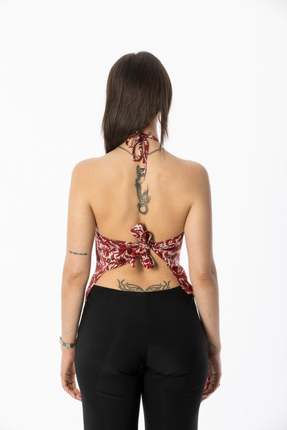 ALIR TIRTA SILK HALTER TOP & HEADBAND SET - FLORAL RED