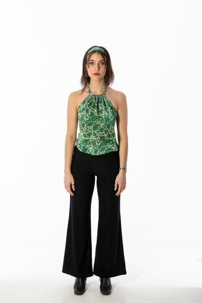ALIR TIRTA SILK HALTER TOP & HEADBAND SET - FLORAL GREEN