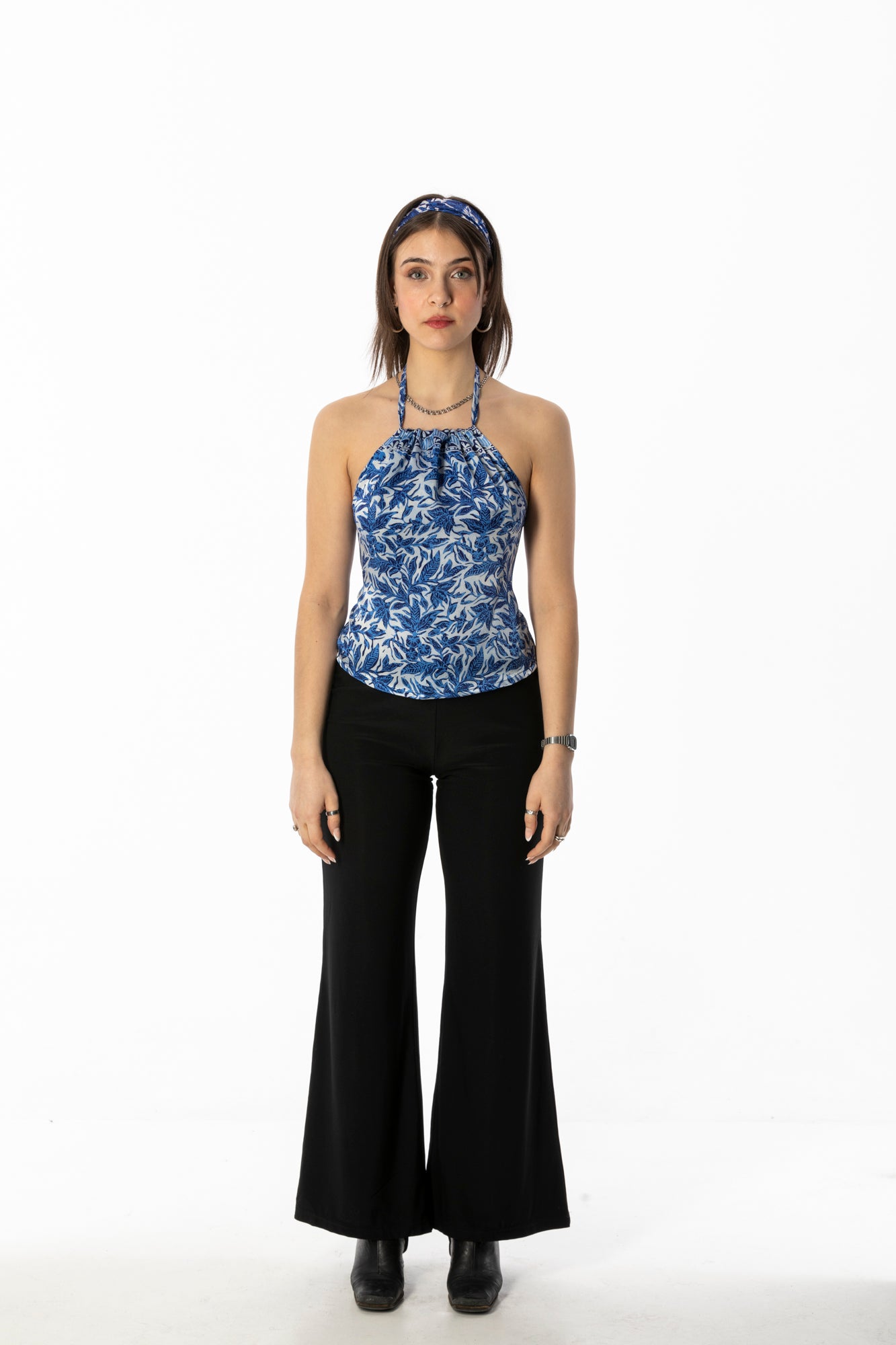 ALIR TIRTA SILK HALTER TOP & HEADBAND SET - FLORAL BLUE